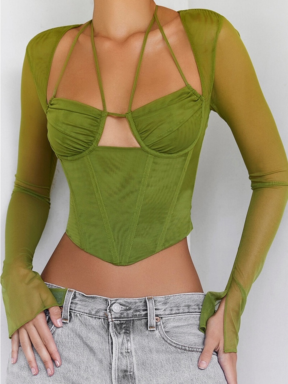 Mistress Rocks/House of CB Olive Green Mesh Corset Crop Top - Women